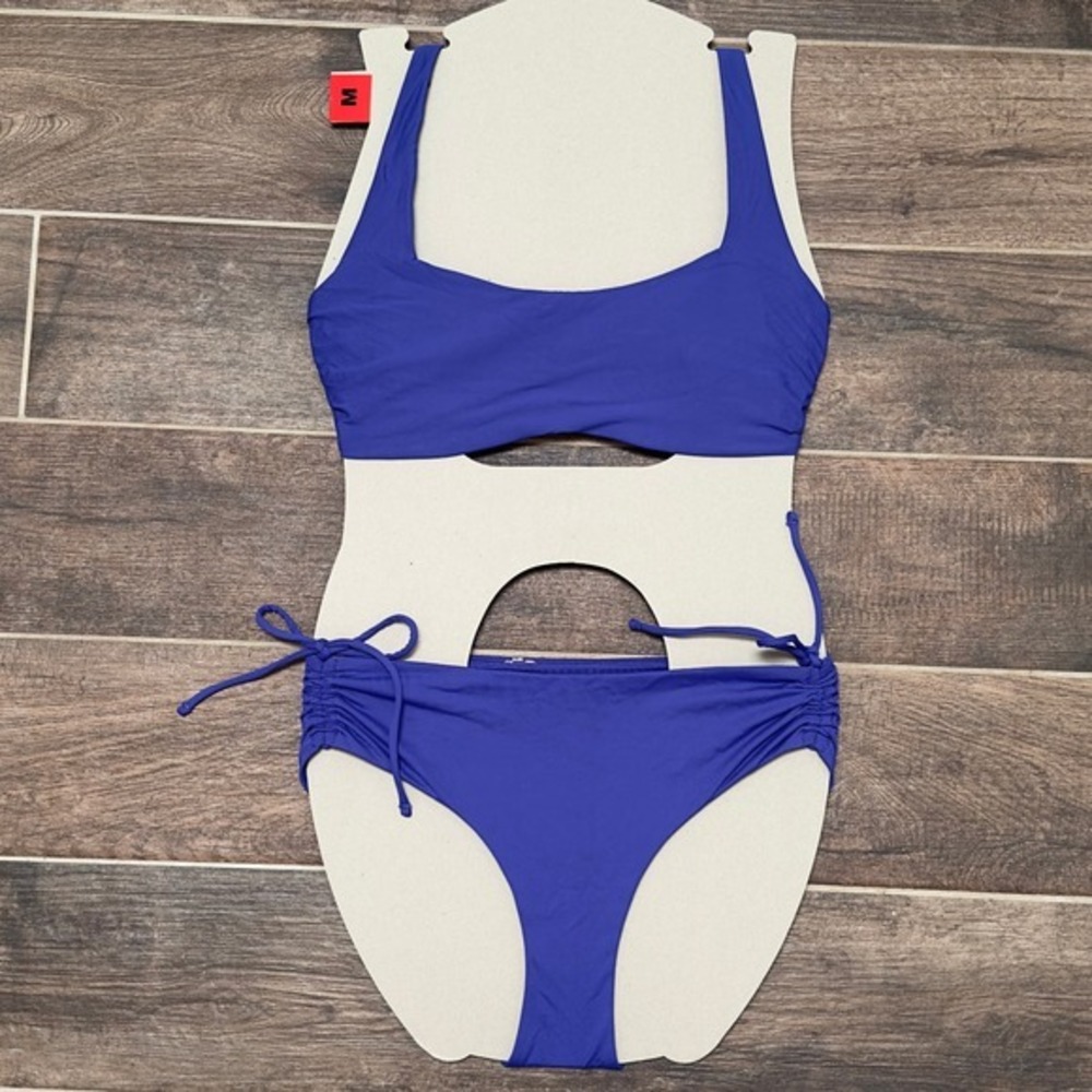 2 pc ATHLETA M Bikini 34D 34DD Sport High Cut Chinch Tie Full Coverage Athletic